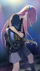 Rule 34 | 1girl, aqua eyes, black skirt, black socks, blue background, bocchi the rock!, checkered floor, commentary, cowboy shot, cube hair ornament, electric guitar, fog, gibson les paul, gotoh hitori, gradient background, grey skirt, guitar, hair between eyes, hair ornament, highres, holding, holding instrument, image sample, indoors, instrument, kaito (k4itoh), long hair, looking down, music, pink hair, playing instrument, pleated skirt, print skirt, sidelocks, skirt, socks, solo, standing, twitter sample