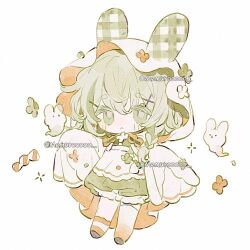 Rule 34 | 1girl, animal ear hood, animal ears, apron, asymmetrical legwear, black footwear, bloomers, blush stickers, braid, candy, chibi, closed mouth, commentary, dress, fake animal ears, flower, flower brooch, food, frown, ghost, gradient legwear, green dress, green eyes, green flower, green hair, hair ornament, hair over shoulder, hairclip, halloween, hood, hood up, hooded robe, long hair, looking at viewer, lowres, memuro, mismatched legwear, open clothes, open robe, orange flower, orange robe, orange socks, orange thighhighs, original, plaid, pleated dress, rabbit, rabbit ears, ribbon-trimmed apron, ribbon trim, robe, shoes, short dress, simple background, single braid, single sock, single thighhigh, socks, solo, sparkle, symbol-only commentary, thighhighs, twitter username, two-sided fabric, two-sided robe, underwear, waist apron, white apron, white background, white bloomers, white flower, white robe, white thighhighs, x hair ornament