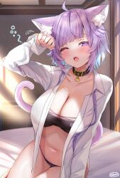 Rule 34 | 1girl, ahoge, animal ears, black choker, blunt bangs, blush, bra, breasts, cat ears, cat girl, cat tail, choker, cleavage, fang, highres, hololive, large breasts, light rays, looking at viewer, navel, neco meito, nekomata okayu, on bed, one eye closed, open clothes, open mouth, open shirt, panties, purple eyes, purple hair, short hair, slit pupils, solo, tail, tearing up, underwear, virtual youtuber, yawning