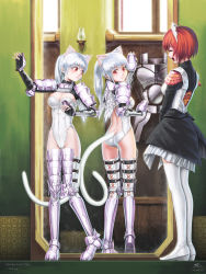 Rule 34 | 2girls, absurdres, animal ears, armor, ass, breasts, cat ears, cat tail, character request, cleavage, darkmuleth, extra ears, fantasy earth zero, fingerless gloves, gloves, highres, long hair, maid, mirror, multiple girls, ponytail, red eyes, red hair, reflection, short hair, silver hair, tail, thighhighs, wings