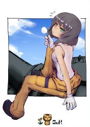 Rule 34 | 10s, 1girl, arm support, bad id, bad twitter id, black bow, black footwear, blue sky, bow, brown hair, clothes pull, cloud, cloudy sky, commentary, dandelion, dandelion seed, dark-skinned female, dark skin, day, emblem, flower, flying sweatdrops, foot up, girls und panzer, gloves, green eyes, hoshino (girls und panzer), jumpsuit, leopon (animal), looking to the side, looking up, mechanic, military, military vehicle, motor vehicle, orange jumpsuit, outdoors, parted lips, shirt, shirt pull, shoes, short hair, sky, solo, squatting, sweat, sweatdrop, tank, tank top, tied shirt, tiger (p), toganoo, uniform, white gloves, white shirt
