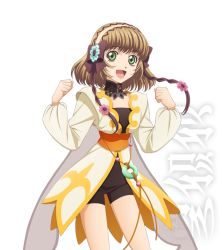 Rule 34 | 1girl, :d, bike shorts, bow, brown hair, coat, detached collar, flower, green eyes, hair bow, hair flower, hair ornament, hairband, leia rolando, official art, open mouth, short hair, smile, solo, tales of (series), tales of xillia, transparent background, white background