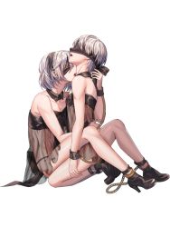 Rule 34 | 1boy, 1girl, bare shoulders, blindfold, camisole, choker, couple, crossdressing, full body, girl on top, hairband, hc (razel1), hetero, high heels, highres, kiss, lingerie, mole, nier (series), nier:automata, open mouth, see-through, sexually suggestive, short hair, silver hair, sitting, sitting on lap, sitting on person, straddling, strap slip, transparent background, trap, underwear, underwear only, upright straddle, white background, 2b (nier:automata), 9s (nier:automata)