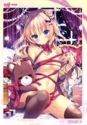 Rule 34 | 1girl, :&gt;, = =, absurdres, areola slip, artist request, bare shoulders, bed sheet, black thighhighs, blonde hair, blue eyes, blush stickers, bow, bowtie, box, bracelet, breasts, brown coat, choker, closed mouth, coat, collarbone, curtains, dengeki moeou, double bun, eyelashes, fingernails, frilled pillow, frills, gift, gift box, glint, hair bow, hair bun, hair ornament, hair scrunchie, heart, heart hair ornament, highres, hood, hooded coat, jewelry, lens flare, long fingernails, long sleeves, looking at viewer, medium breasts, naked ribbon, navel, necklace, off shoulder, pearl bracelet, pearl necklace, pillow, polka dot, polka dot bow, polka dot pillow, red bow, red bowtie, ribbon, ribbon choker, scan, scrunchie, short twintails, sitting, smile, snowflakes, solo, stomach, stuffed animal, stuffed toy, suzushiro atsushi, sweat, teddy bear, thighhighs, twintails, underboob