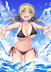 Rule 34 | 1girl, absurdres, anchor hair ornament, bare arms, bare legs, bare shoulders, bikini, black bikini, blonde hair, blue sky, blush, breasts, cleavage, cloud, cloudy sky, collarbone, cowboy shot, day, green eyes, groin, hair between eyes, hair ornament, highres, kantai collection, kuromayu, large breasts, long hair, looking at viewer, low twintails, navel, open mouth, prinz eugen (kancolle), sky, smile, solo, swimsuit, twintails, water