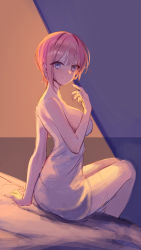 1girl absurdres backlighting bed blue_background blue_eyes blush breasts cleavage eyes_visible_through_hair go-toubun_no_hanayome highres large_breasts legs looking_at_viewer nakano_ichika naked_towel on_bed short_hair simple_background sitting smile solo split_mouth towel woodsbench yellow_background