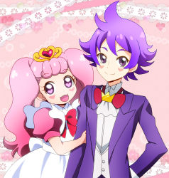 Rule 34 | 1boy, 1girl, aroma (go! princess precure), aroma (go! princess precure) (human), bow, bowtie, brother and sister, butler, formal, go! princess precure, maid, masako (sabotage-mode), pink hair, precure, puff (go! princess precure), puff (go! princess precure) (human), purple hair, siblings, traditional bowtie