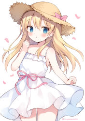 Rule 34 | 1girl, :o, bare arms, bare shoulders, blonde hair, blue eyes, blush, brown hat, collarbone, commission, dress, frilled dress, frills, hair between eyes, hand up, hat, highres, izuminanase, long hair, original, parted lips, petals, pink ribbon, ribbon, simple background, skeb commission, sleeveless, sleeveless dress, solo, straw hat, sundress, twitter username, very long hair, white background, white dress