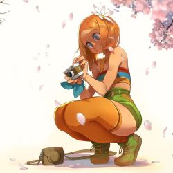 Rule 34 | 1girl, blue eyes, blush, breasts, camera, cherry blossoms, falling petals, flower, flower on head, freckles, full body, looking down, medium breasts, nails, orange hair, orange thighhighs, original, petals, shoes, shorts, simple background, sneakers, squatting, suspenders, thighhighs, xaxaxa