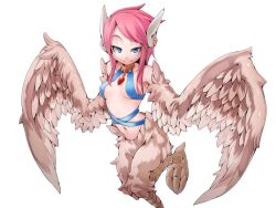 Rule 34 | 1girl, bird legs, blue eyes, blush, breasts, brown feathers, brown wings, choker, earrings, feather hair, feathered wings, feathers, frfr, game cg, half-closed eyes, harpy, jewelry, looking at viewer, mon-musu quest!, monster girl, multicolored hair, navel, non-web source, pendant choker, pink hair, reina (mon-musu quest!), short hair with long locks, sidelocks, small breasts, smile, solo, talons, transparent background, winged arms, wings