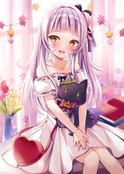 Rule 34 | 1girl, :d, animal, bag, blush, book, book stack, brown eyes, collarbone, commentary request, crescent, crescent necklace, curtains, dress, flower, fox, heart, heart-shaped bag, hololive, jewelry, long hair, looking at viewer, murasaki shion, necklace, off-shoulder dress, off shoulder, open mouth, own hands together, puffy short sleeves, puffy sleeves, red flower, ribbon-trimmed dress, sakura hiyori, short sleeves, shoulder bag, silver hair, smile, star (symbol), transparent, vase, very long hair, virtual youtuber, white dress, white flower, window