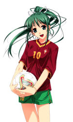 Rule 34 | 1girl, 2002 fifa world cup, absurdres, adidas, aqua eyes, ball, bracelet, breasts, clothes writing, fevernova, green hair, highres, jersey, jewelry, large breasts, long hair, murakami suigun, open mouth, ponytail, portugal, shorts, soccer, soccer ball, soccer uniform, solo, sportswear, world cup