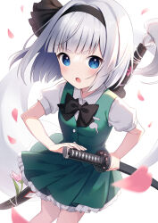 Rule 34 | 1girl, black bow, black bowtie, black hairband, black ribbon, blue eyes, blunt bangs, blush, bow, bowtie, breasts, buttons, collared shirt, commentary request, floral print, flower, frills, ghost, ghost print, green skirt, green vest, grey hair, hairband, hands up, highres, hitodama, hitodama print, holding, holding sword, holding weapon, katana, konpaku youmu, konpaku youmu (ghost), looking at viewer, medium breasts, open mouth, petals, pink flower, puffy short sleeves, puffy sleeves, ribbon, shirt, short hair, short sleeves, simple background, skirt, skirt set, solo, standing, suzuno naru, sword, tongue, touhou, v-shaped eyebrows, vest, weapon, white background, white shirt