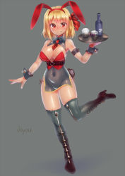 Rule 34 | 1girl, aged up, animal ears, bad id, bad pixiv id, black thighhighs, blonde hair, boots, bottle, breasts, crop top, cup, detached sleeves, doyouwantto, drinking glass, fake animal ears, fang, hair ribbon, large breasts, leotard, looking at viewer, panties, playboy bunny, rabbit ears, rabbit tail, red eyes, ribbon, rumia, see-through, side-tie panties, smile, solo, standing, standing on one leg, tail, thigh boots, thighhighs, touhou, tray, underwear