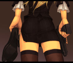Rule 34 | 1girl, 92fs, ass, beretta, beretta 92, blonde hair, close-up, formal, from behind, gun, handgun, head out of frame, high heels, holding, holding gun, holding shoes, holding weapon, jacket, letterboxed, mustard seeds, original, pantylines, pencil skirt, pinstripe pattern, pistol, shoes, skindentation, skirt, skirt suit, solo, striped, suit, thighhighs, trigger discipline, triple wielding, weapon, yuuji (and), zettai ryouiki