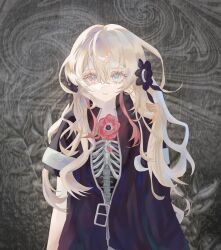 Rule 34 | 1girl, abstract background, absurdres, anemone (flower), asymmetrical sleeves, black coat, black flower, blue eyes, coat, expressionless, flower, grey background, hair between eyes, hair flower, hair ornament, heterochromia, highres, isekai joucho, kamitsubaki studio, long hair, looking at viewer, multicolored hair, open clothes, open coat, parted lips, red eyes, red flower, red hair, ribs, skeleton, solo, spine, two-tone hair, uhrlx, uneven sleeves, upper body, virtual youtuber, white hair