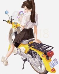 Rule 34 | 1girl, brown hair, cellphone, cellphone charm, charm (object), chewing gum, dress shirt, from behind, high ponytail, highres, long hair, motor vehicle, motorcycle, on motorcycle, oosan1020, original, phone, pleated skirt, school uniform, shirt, shoes, shorts, shorts under skirt, sitting, skirt, sneakers, socks, solo, striped clothes, striped shorts, white background, white footwear