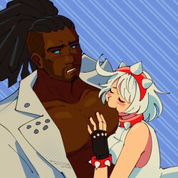 Rule 34 | 1boy, 1girl, annoyed, biting pectoral, blush, bracelet, closed mouth, collar, dark-skinned male, dark skin, elphelt valentine, fingerless gloves, gloves, guilty gear, guilty gear strive, hairband, hand on another&#039;s chest, jewelry, large pectorals, muscular, muscular male, nagoriyuki, pectorals, short hair, sleeveless, spiked bracelet, spiked collar, spiked hairband, spikes, unaloid