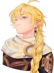 Rule 34 | 1boy, aether (genshin impact), ahoge, armor, artist name, black shirt, blonde hair, braid, closed mouth, earrings, genshin impact, gold trim, hair between eyes, hikarusorano, jewelry, long hair, looking to the side, male focus, scarf, shirt, short sleeves, shoulder armor, simple background, single earring, smile, solo, upper body, white background, white scarf, yellow eyes