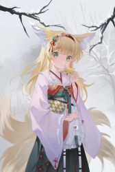 Rule 34 | 1girl, absurdres, animal, animal ear fluff, animal ears, animal on shoulder, apron, arknights, bare tree, black hakama, blonde hair, chinese commentary, coin purse, commentary request, floral print, flower, fox, fox ears, fox girl, fox tail, frilled apron, frills, green eyes, hair flower, hair ornament, hairband, hakama, hakama skirt, highres, japanese clothes, kimono, kitsune, kyuubi, long hair, long sleeves, looking at viewer, multicolored hair, multiple tails, obi, official alternate costume, outdoors, parted lips, pink kimono, pinwheel, pleated skirt, red hairband, sash, skirt, snow, solo, suzuran (arknights), suzuran (yukibare) (arknights), tail, tree, two-tone hair, waist apron, white apron, white hair, wide sleeves, winter, yagasuri, yinranluo