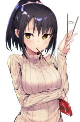Rule 34 | 1girl, black hair, character request, hair ornament, hair scrunchie, high ponytail, highres, holding, looking at viewer, monobe tsukuri, mouth hold, scrunchie, short hair, simple background, solo, upper body, white background, yellow eyes
