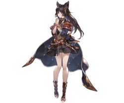 Rule 34 | 1girl, animal ears, belt, black hair, closed mouth, earrings, erune, full body, granblue fantasy, jewelry, long coat, long hair, long sleeves, looking at viewer, minaba hideo, nier (granblue fantasy), official art, own hands together, red eyes, scrunchie, skirt, solo, standing, toeless footwear, toes, transparent background, wide sleeves, wrist scrunchie