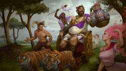 Rule 34 | 2boys, 3girls, alcohol, alternate costume, bacchus (smite), beard, breasts, brown hair, dark skin, drink, faceless, faceless female, faceless male, facial hair, fat, fat man, hair ornament, highres, horns, jon neimeister, leaf, leaf hair ornament, male focus, medium breasts, multiple boys, multiple girls, nymph, official art, open mouth, petals, pink hair, plant, purple hair, satyr, topless male, sitting, sky, smite, staff, teeth, tiger, tree, vines, wine