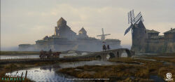 Rule 34 | 3boys, assassin&#039;s creed: valhalla, assassin&#039;s creed (series), bridge, building, cart, company name, concept art, copyright name, dechambo, english text, european architecture, fortress, grey sky, highres, horseback riding, multiple boys, outdoors, riding, river, sky, watermark, windmill