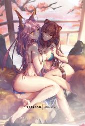 Rule 34 | 2girls, animal ears, artist request, ass, bad id, bad pixiv id, bare legs, barefoot, bikini, blue bikini, blurry, blurry background, breasts, brown hair, closed mouth, commentary, crossover, depth of field, english commentary, fate/grand order, fate (series), flower, from side, hair between eyes, head tilt, large breasts, long hair, looking at viewer, mitsu (mitsu art), multiple girls, outdoors, pink hair, pulled by self, raccoon girl, raphtalia, sideboob, smile, strap pull, swimsuit, tail, tamamo (fate), tamamo no mae (fate/extra), tamamo no mae (swimsuit lancer) (fate), tate no yuusha no nariagari, tattoo, thigh strap, yellow eyes