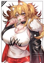 Rule 34 | 1girl, animal ears, arknights, blonde hair, blush, breasts, candy, cleavage, collar, food, fur-trimmed jacket, fur-trimmed shorts, fur trim, highres, holding, holding candy, holding food, holding lollipop, jacket, large breasts, leather, leather jacket, lion, lion ears, lion girl, lion tail, lollipop, osiimi, red shorts, shorts, siege (arknights), solo, studded choker, studded collar, tail, tank top, white tank top, yellow eyes