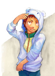 Rule 34 | 1boy, adjusting clothes, bad id, bad pixiv id, brown eyes, brown hair, character hood, closed mouth, commentary, contact (game), cowboy shot, denim, hood, hooded jacket, jacket, long sleeves, looking at viewer, male focus, nyan-nyan (contact), okamoto dx, pants, partially unzipped, short hair, solo, standing, sweatdrop, terry (contact), track jacket, two-tone background, white jacket