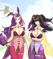 Rule 34 | 2girls, absurdres, bare shoulders, bird, black hair, blunt bangs, bodysuit, bracelet, breasts, cape, circlet, cleavage, cloud, covered navel, earrings, easter egg, egg, feh (fire emblem heroes), fire emblem, fire emblem awakening, fire emblem echoes: shadows of valentia, fire emblem gaiden, fire emblem heroes, gloves, gluteal fold, gold trim, hair ornament, highres, jewelry, large breasts, leotard, long hair, looking at viewer, multiple girls, n ah n, nintendo, official alternate costume, open mouth, outdoors, owl, playboy bunny, plunging neckline, purple eyes, purple hair, rabbit hair ornament, simple background, skin tight, sky, smile, sonya (fire emblem gaiden), tharja (fire emblem), thighs, tiara, two side up