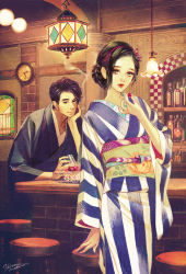 Rule 34 | 1boy, 1girl, alcohol, artist name, bar (place), bar stool, black hair, blue kimono, bottle, braid, brick, cherry, cigarette, clock, commentary request, cup, drinking glass, eyelashes, floral print, food, fruit, glowing, green sash, hair ribbon, hair slicked back, hand on own cheek, hand on own chin, hand on own face, head rest, holding, holding cigarette, holding cup, holding food, holding fruit, indoors, japanese clothes, kimono, lamp, lantern, lips, lipstick, looking at viewer, makeup, matsuo hiromi, multicolored clothes, multicolored kimono, obi, original, print sash, red lips, retro artstyle, ribbon, sash, short hair, signature, smoke, stained glass, stool, striped clothes, striped kimono, tavern, wall clock, white kimono, wide sleeves