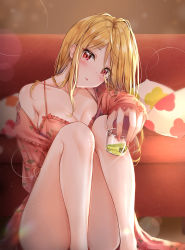 Rule 34 | 1girl, ass, bare legs, bare shoulders, blonde hair, blurry, blush, bra, breasts, cleavage, collarbone, commentary request, convenient leg, couch, cuna (qunya), cup, depth of field, dress, drink, drinking glass, floral print, frilled bra, frills, glint, head tilt, highres, holding, holding cup, idolmaster, idolmaster million live!, knees up, light particles, long hair, long sleeves, looking at viewer, medium breasts, momose rio, nail polish, off shoulder, parted lips, pillow, pink bra, pink dress, pink nails, red eyes, sidelocks, sitting, sleeves past wrists, solo, thighs, underwear
