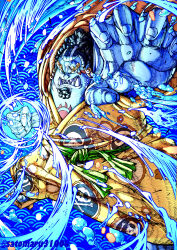 Rule 34 | 1boy, absurdres, artist name, black hair, blue skin, chest tattoo, clenched hand, colored skin, commentary request, curly eyebrows, facial hair, fish boy, goatee, high ponytail, highres, japanese clothes, jinbe (one piece), kimono, long hair, looking at viewer, male focus, one piece, pointy ears, ponytail, powering up, satomaru31000, scar, scar across eye, scar on face, sharp teeth, solo, tattoo, teeth, tusks, water, webbed hands, yellow kimono