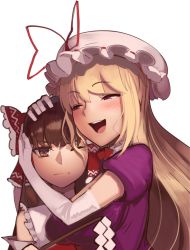 Rule 34 | 2girls, :d, blonde hair, blush, boa (brianoa), bow, breasts, brown hair, closed mouth, dress, elbow gloves, frown, gloves, gohei, hair bow, hair tubes, hakurei reimu, hat, hat ribbon, highres, hug, large breasts, multiple girls, one eye closed, open mouth, mob cap, purple dress, red bow, red ribbon, ribbon, simple background, smile, touhou, unamused, white background, white gloves, yakumo yukari