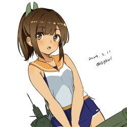Rule 34 | 1girl, absurdres, bigkwl, blue one-piece swimsuit, breasts, brown eyes, brown hair, dated, highres, i-401 (kancolle), kantai collection, machinery, medium hair, old school swimsuit, one-hour drawing challenge, one-piece swimsuit, orange sailor collar, sailor collar, school swimsuit, shirt, short ponytail, side-tie shirt, simple background, sleeveless, sleeveless shirt, small breasts, solo, swimsuit, swimsuit under clothes, tan, tanline, white background