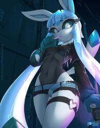 Rule 34 | 1girl, blue hair, blue sclera, bracelet, breasts, can, colored sclera, creatures (company), drink can, eyebrows, eyelashes, female focus, furry, furry female, game freak, gen 4 pokemon, glaceon, holding, jewelry, legs, long hair, medium breasts, nintendo, pokemon, pokemon (creature), rilex lenov, sidelocks, soda can, solo, spiked bracelet, spikes, standing, walking, white eyes