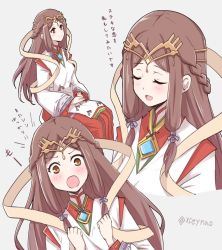 Rule 34 | 1girl, blush, braid, breasts, brown eyes, brown hair, circlet, closed eyes, closed mouth, fan la norne, french braid, from side, gem, grey background, hands up, japanese clothes, kimono, layered sleeves, long hair, looking at viewer, medium breasts, mochimochi (xseynao), multiple views, nintendo, open mouth, parted bangs, ribbon-trimmed sleeves, ribbon trim, see-through, sidelocks, sideways glance, sitting, smile, upper body, white kimono, xenoblade chronicles (series), xenoblade chronicles 2, xenoblade chronicles 2: torna - the golden country