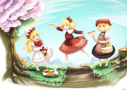 Rule 34 | 3girls, :3, :t, aki minoriko, aki shizuha, apron, baguette, barefoot, basket, blonde hair, blue eyes, bow, bread, capelet, cherry blossoms, dandelion, day, dress, eating, female focus, flower, food, fruit, furim, grapes, grass, hair ornament, burger, hat, hot dog, jumping, leaf, leaf hair ornament, lily white, long hair, long sleeves, multiple girls, open mouth, outdoors, path, picnic, road, rock, sandwich, short hair, touhou, tray, tree, tree stump, yellow eyes