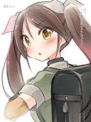 Rule 34 | 10s, 1girl, backpack, bag, brown hair, hair ribbon, kantai collection, koruri, long hair, looking at viewer, open mouth, randoseru, ribbon, solo, tone (kancolle), translation request, twintails, upper body, yellow eyes