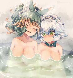 Rule 34 | 2girls, alternate hairstyle, animal ear fluff, animal ears, breasts, closed eyes, closed mouth, collar, commentary request, completely nude, green collar, green eyes, grey hair, kuromiya, kuromiya raika, large breasts, multiple girls, nude, onsen, open mouth, original, partially submerged, ponytail, shiromiya asuka, sitting, steam