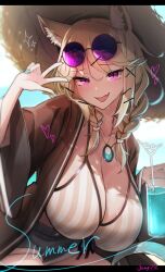 Rule 34 | 1girl, animal ear fluff, animal ears, arknights, bikini, blue nails, blue shorts, braid, breasts, brown jacket, cowboy shot, crazy straw, day, drink, drinking straw, eyewear on head, fangs, hair ornament, hairclip, hand up, highres, huge breasts, jacket, jamg336, jewelry, light brown hair, long hair, looking at viewer, necklace, official alternate costume, open clothes, open jacket, open mouth, outdoors, purple-tinted eyewear, purple eyes, round eyewear, short shorts, shorts, signature, skin fangs, solo, striped bikini, striped clothes, sunglasses, swimsuit, tinted eyewear, twin braids, utage (arknights), utage (summer flowers) (arknights), w, white bikini, x hair ornament
