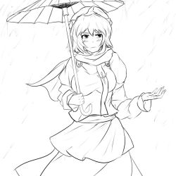 Rule 34 | 1girl, annoyed, arms at sides, blush, capelet, greyscale, hat, holding, holding umbrella, jpeg artifacts, layered skirt, letty whiterock, lineart, long skirt, looking up, monochrome, outdoors, pan-ooh, rain, scarf, simple background, sketch, skirt, solo, touhou, umbrella, water, white background