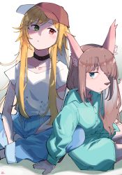 Rule 34 | 1boy, 1girl, animal ears, animal nose, arm support, baseball cap, blonde hair, blue eyes, blush, brown hair, choker, closed mouth, commentary request, denim, dog boy, dog ears, ellie (housamo), feet out of frame, furry, furry male, green eyes, green shirt, hat, heterochromia, highres, jeans, jewelry, long hair, long sleeves, necklace, pants, pink fur, red eyes, sawch cls, shadow, shirt, short sleeves, snout, tanetomo (housamo), tokyo houkago summoners, two-tone fur, wavy hair, white background, white shirt