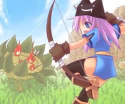 Rule 34 | 1girl, archer (ragnarok online), arrow (projectile), black thighhighs, blue dress, blue eyes, boots, bow (weapon), brown footwear, brown gloves, carnivorous plant, cloud, commentary request, day, deviruchi hat, dress, flower, foot out of frame, geographer (ragnarok online), gloves, grass, hat, holding, holding bow (weapon), holding weapon, leg up, long hair, open mouth, outdoors, purple hair, ragnarok online, sakakura (sariri), short sleeves, thighhighs, wall, weapon
