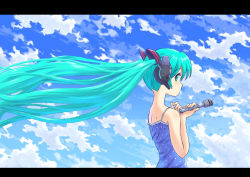Rule 34 | 1girl, cloud, day, floating hair, green eyes, green hair, hatsune miku, letterboxed, long hair, microphone, profile, sky, tsune (dreamers express), twintails, very long hair, vocaloid