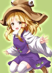 Rule 34 | 1girl, :d, animal print, blonde hair, blush, boots, brown eyes, brown footwear, brown hat, commentary request, frog print, full body, green background, hair ribbon, hat, highres, jumping, long hair, long sleeves, looking at viewer, midriff peek, moriya suwako, one-hour drawing challenge, open mouth, purple skirt, purple vest, red ribbon, ribbon, ruu (tksymkw), shirt, sidelocks, simple background, skirt, smile, solo, thighhighs, thighs, touhou, vest, white shirt, white thighhighs, wide sleeves, zettai ryouiki