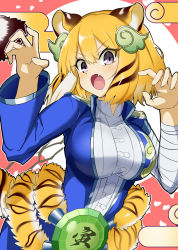Rule 34 | 1girl, animal ears, animal print, blue shirt, breasts, chinese zodiac, duel monster, fang, fang out, grey eyes, highres, multicolored background, orange hair, shirt, synchroman, tail, tiger ears, tiger girl, tiger print, year of the tiger, yu-gi-oh!, zoodiac tigermortar