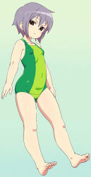 Rule 34 | 1girl, barefoot, brown eyes, covered navel, feet, green background, green one-piece swimsuit, light purple hair, nagato yuki, om (nk2007), one-piece swimsuit, short hair, simple background, solo, suzumiya haruhi no yuuutsu, swimsuit, toes